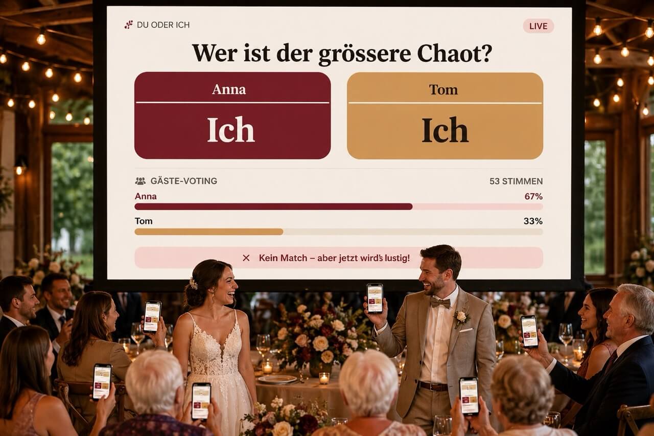 Brautpaar und Hochzeitsgäste spielen ‚Du oder Ich' live mit Smartphones, Frage auf der Beamer-Leinwand